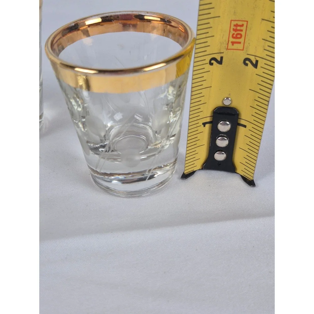 1950s Set of 4 Vintage Gold Rim Etched‎ Polka Dot Shot Glasses MCM Barware Glass
